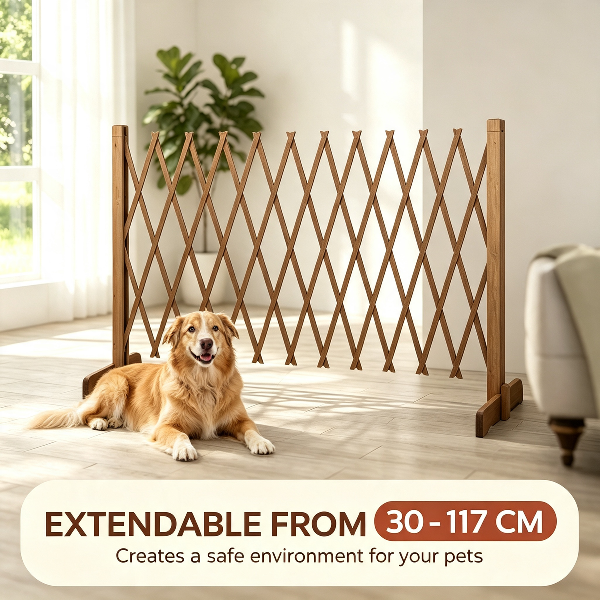 Expandable Wooden Pet Gate, Freestanding Retractable Dog Safety Fence for Doorway &amp; House
