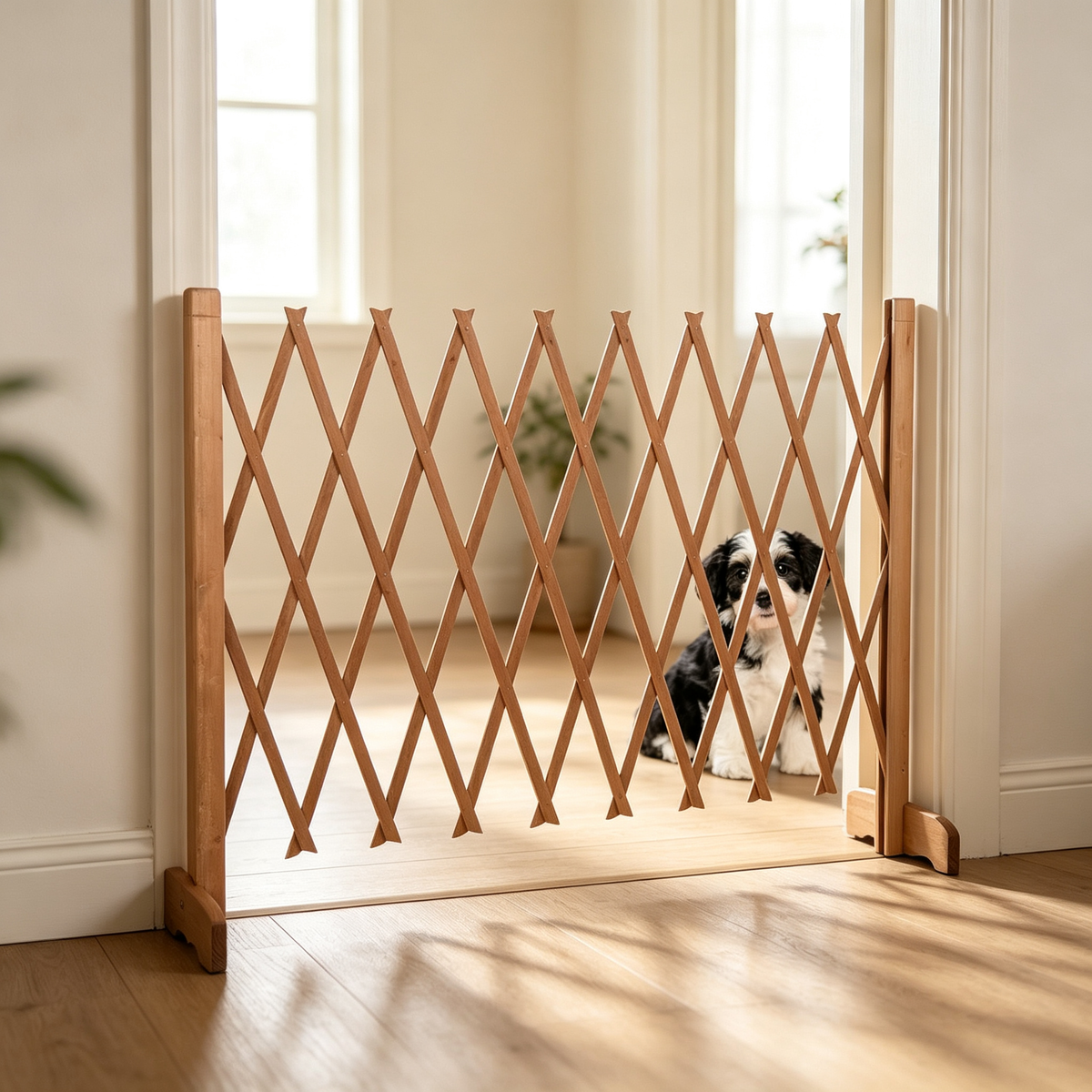 Expandable Wooden Pet Gate, Freestanding Retractable Dog Safety Fence for Doorway &amp; House