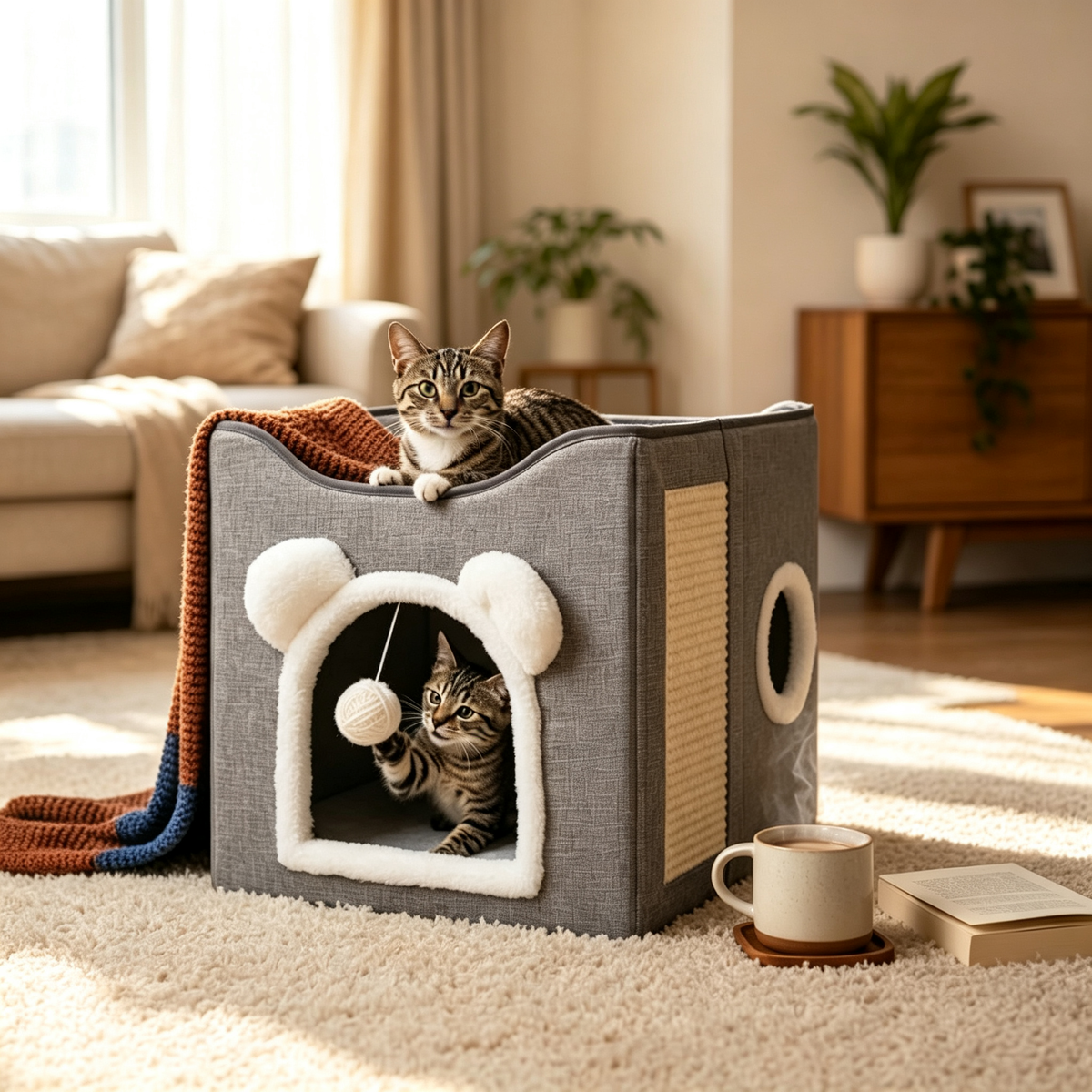 2-Tier Foldable Cat Cave House with Sisal Scratching Pad
