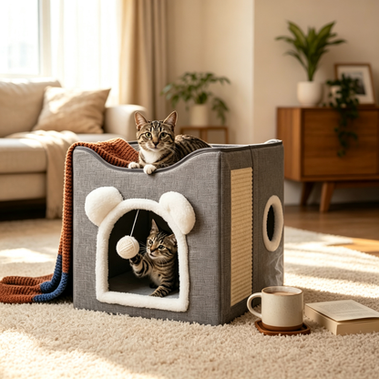2-Tier Foldable Cat Cave House with Sisal Scratching Pad