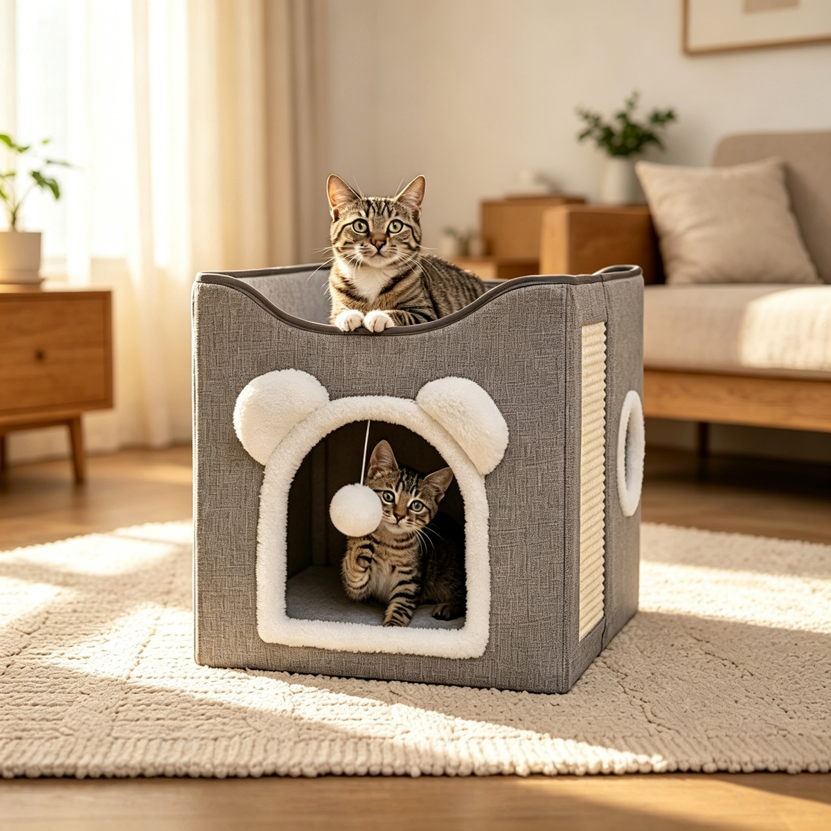2-Tier Foldable Cat Cave House with Sisal Scratching Pad