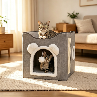 2-Tier Foldable Cat Cave House with Sisal Scratching Pad