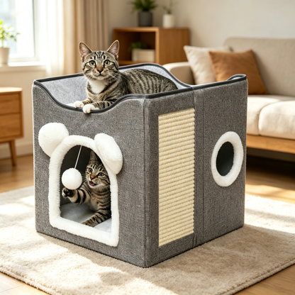 2-Tier Foldable Cat Cave House with Sisal Scratching Pad
