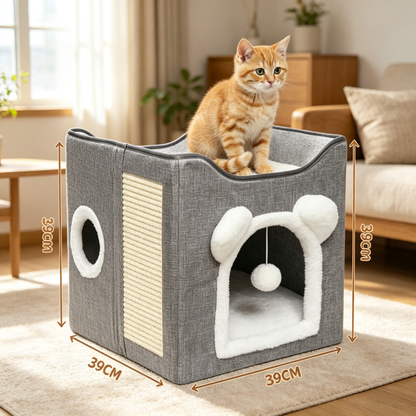 2-Tier Foldable Cat Cave House with Sisal Scratching Pad